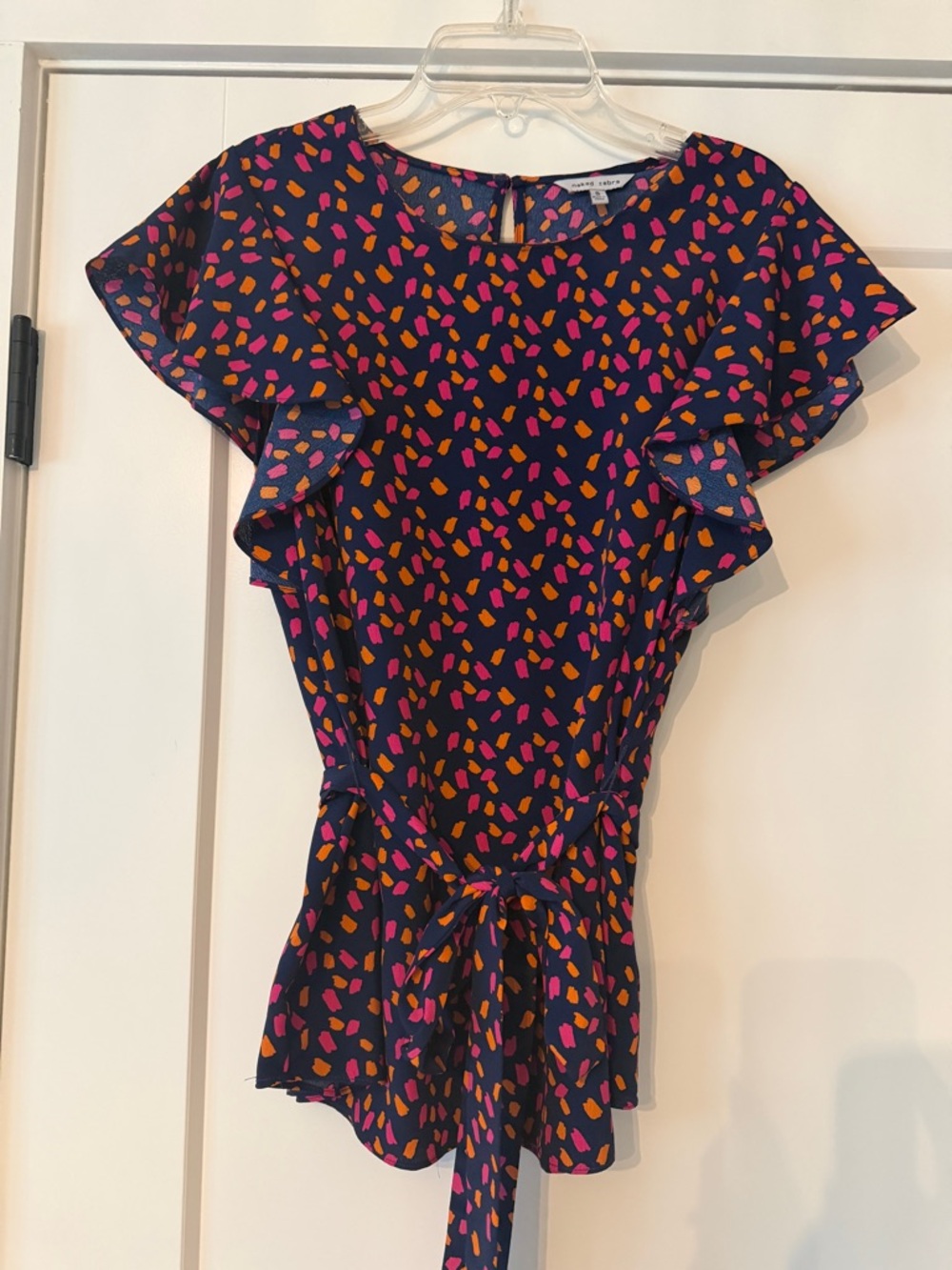 Naked Zebra Navy Blouse with Pink & Orange Spot Print